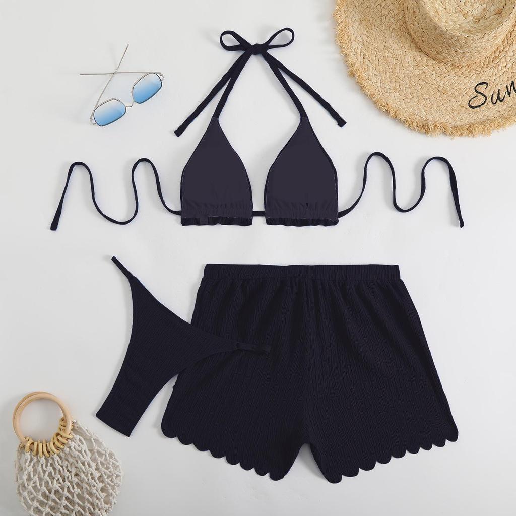 2025 Trendy Solid Color Sexy Halter Bikini Three-Piece Set