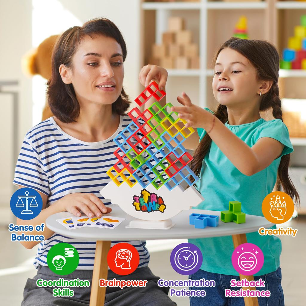 Gioco Tetra Tower 48 Pezzi | Mattoncini Impilabili In ABS, 4 Colori, Con Base E Carte Sfida, Per Bambini (3+) E Adulti