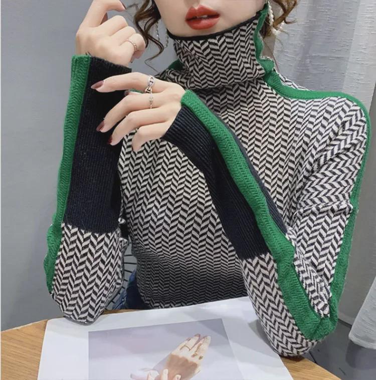 Pull Rétro en Cachemire pour Femme - Coupe Ample, Col Montant, Couleur Contrastée, Automne/Hiver