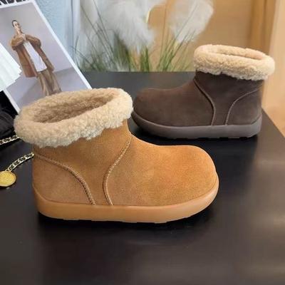 Version~ Retro Round Head Ugly Cute Short Boots Women's Velvet Low-top Snow Boots Warm Big Cotton Shoes Thick-soled Fluffy Boots