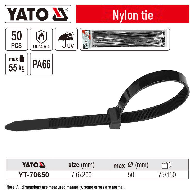 

Самозатискні нейлонові кабельні стяжки YATO - Міцні кріпильні ремінці 200x7.6mm YT-70650 чорний