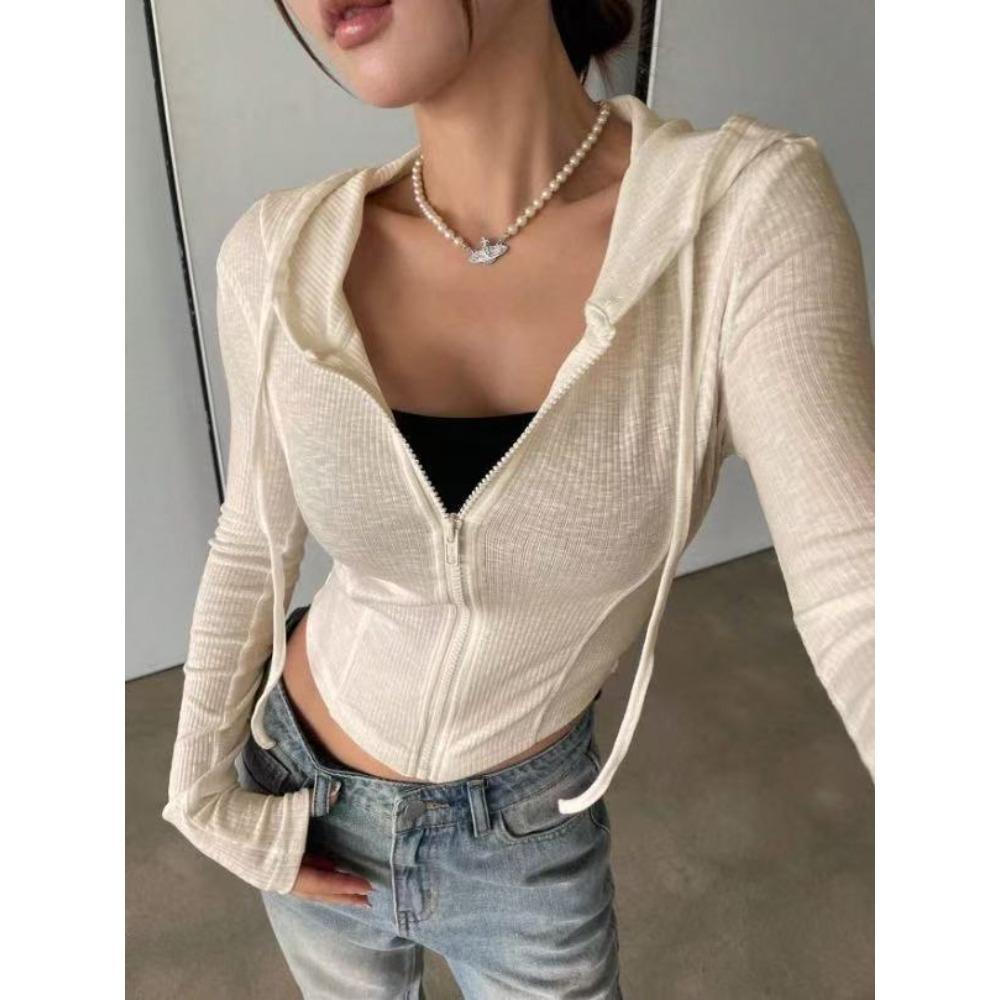 Módní dámská žebrovaná mikina s kapucí, Cropped top na zip s dlouhým rukávem, Univerzální ležérní top pro letní a jarní denní outfity