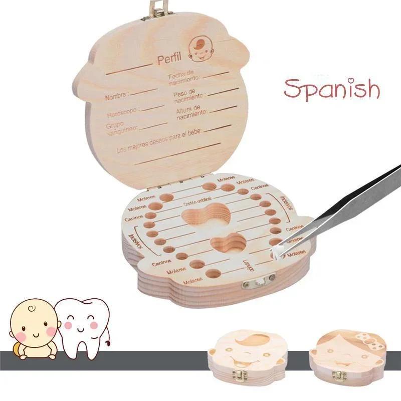 1pc-Baby Tooth Box Spanish Wooden Children Periodontal Organizer Locker Boy Girl Baby Souvenir Gift
