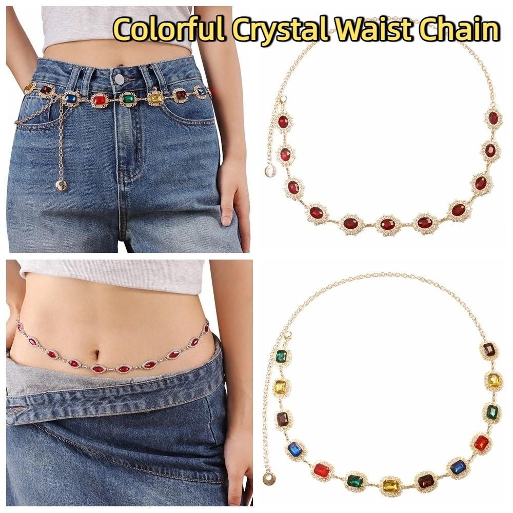 Metal Rhinestone Belly Belts Gold Y2K Waistband Colorful Crystal Waist Chain  Decorative Jeans