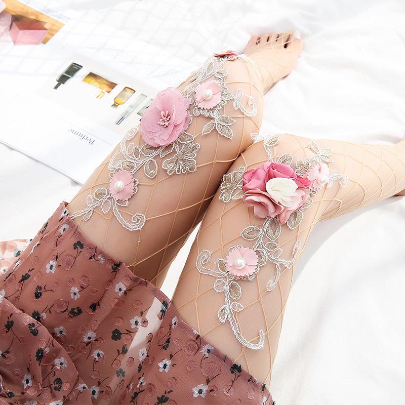 2021 European & American Style Embroidered Flower Mesh Fishnet Stockings - Spring/Summer