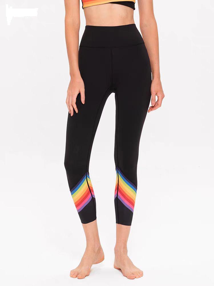 

European and American Rainbow Color Block Push-Up Sports Bra and Yoga Leggings Set Medium