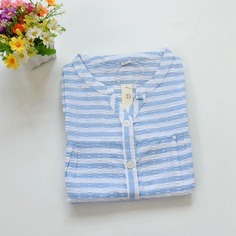 

Summer Pure Cotton Women s Princess Style Fresh Striped Bubble Pajamas Light blue Stripes M