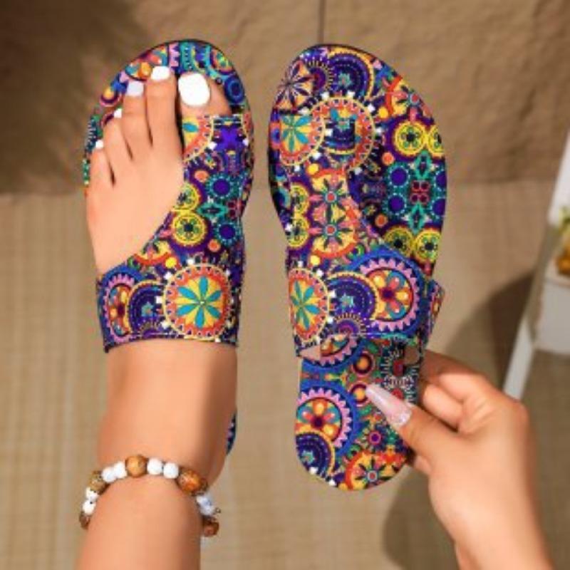 Large size cool slippers women's summer new flat-bottom printing set toe ethnic style cool slippers