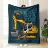 Illustration of a Yellow Excavator with Bold Text and Gear-themed Accents. for All Seasons Blanket Lunch Break Throw Gift