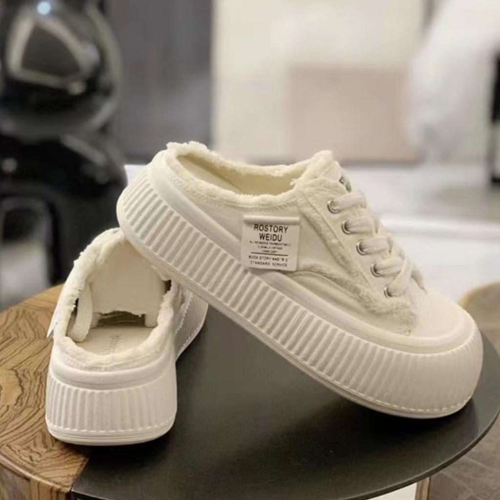 Canvas Bag Head Half Slippers Women Wear Summer New Little White Shoes Thick-soled Cool Slippers