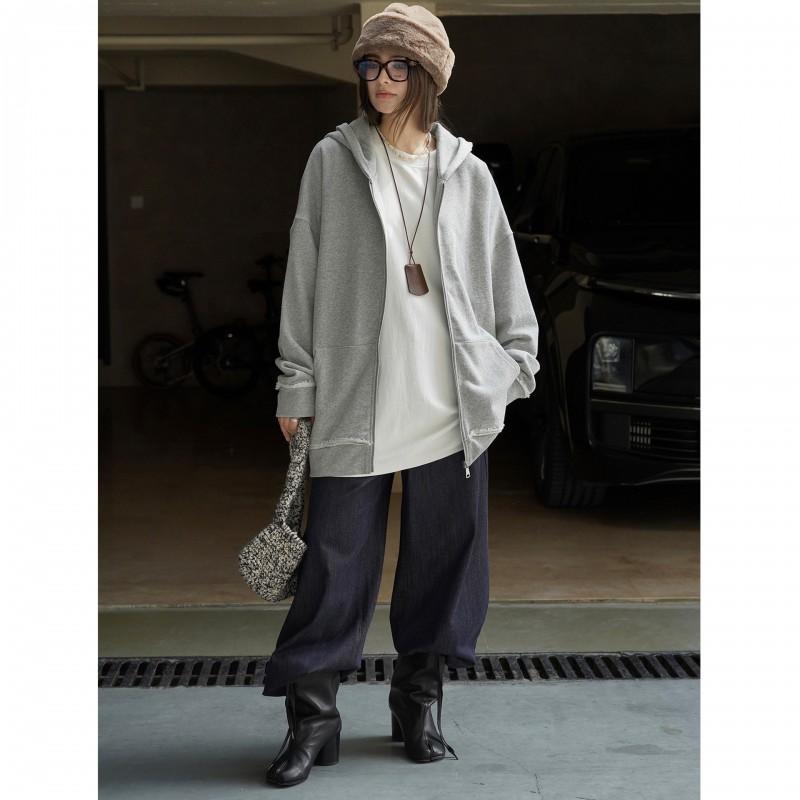 Womens Oversized Hoodie With Raw Edge Detail Streetwear Style Cotton-Linen Blend Loose Fit Long Sleeve Pullover