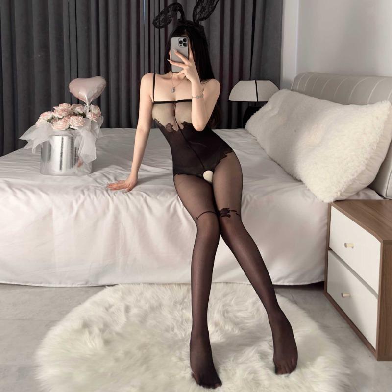 Sexy Lingerie Uniform Temptation Open Perspective Stockings One-piece Hot Milk Set Jacquard Plus Size Mesh