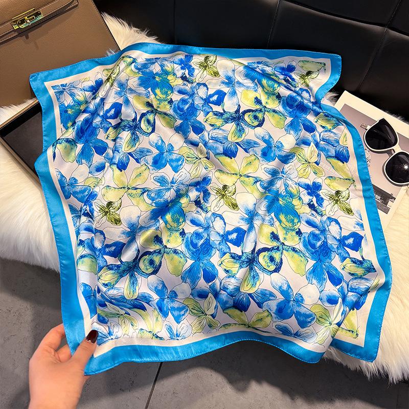 French Light Luxury Floral Small Square Scarf Simulation Silk Printing Silk Scarf Headscarf Women's Spring and Summer Scarf Temperament Scarf Scarf N