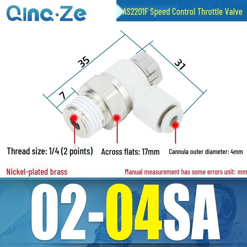 Throttle Speed Control Valve with AS1201F-M5-04A Pneumatic PU Air Hose Connector, Models AS2201F-01-2-06SA/08SA.