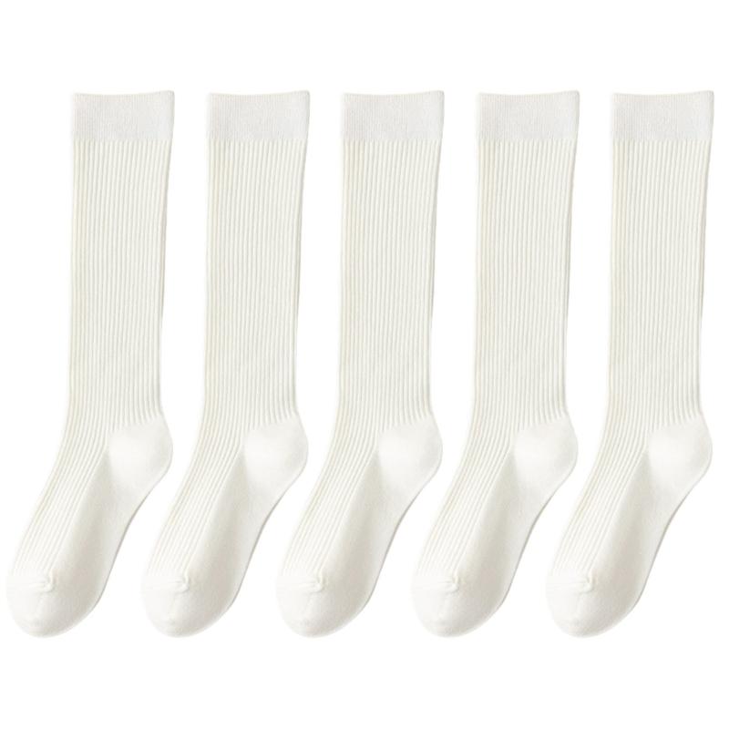 5 Pairs Women Rib Knitted Cotton Over The Calf Socks with Thick Double Stitching Classical Solid Color Knee Length Socks