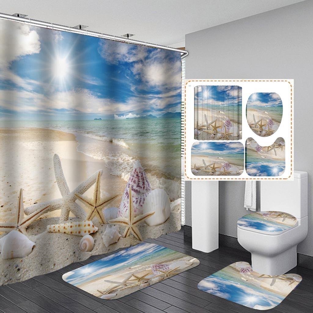 4ks Beach Starfish Series Sady sprchových závěsů do koupelny Protiskluzové Koupelnové koberečky Víko WC Kryt Koupelnová předložka