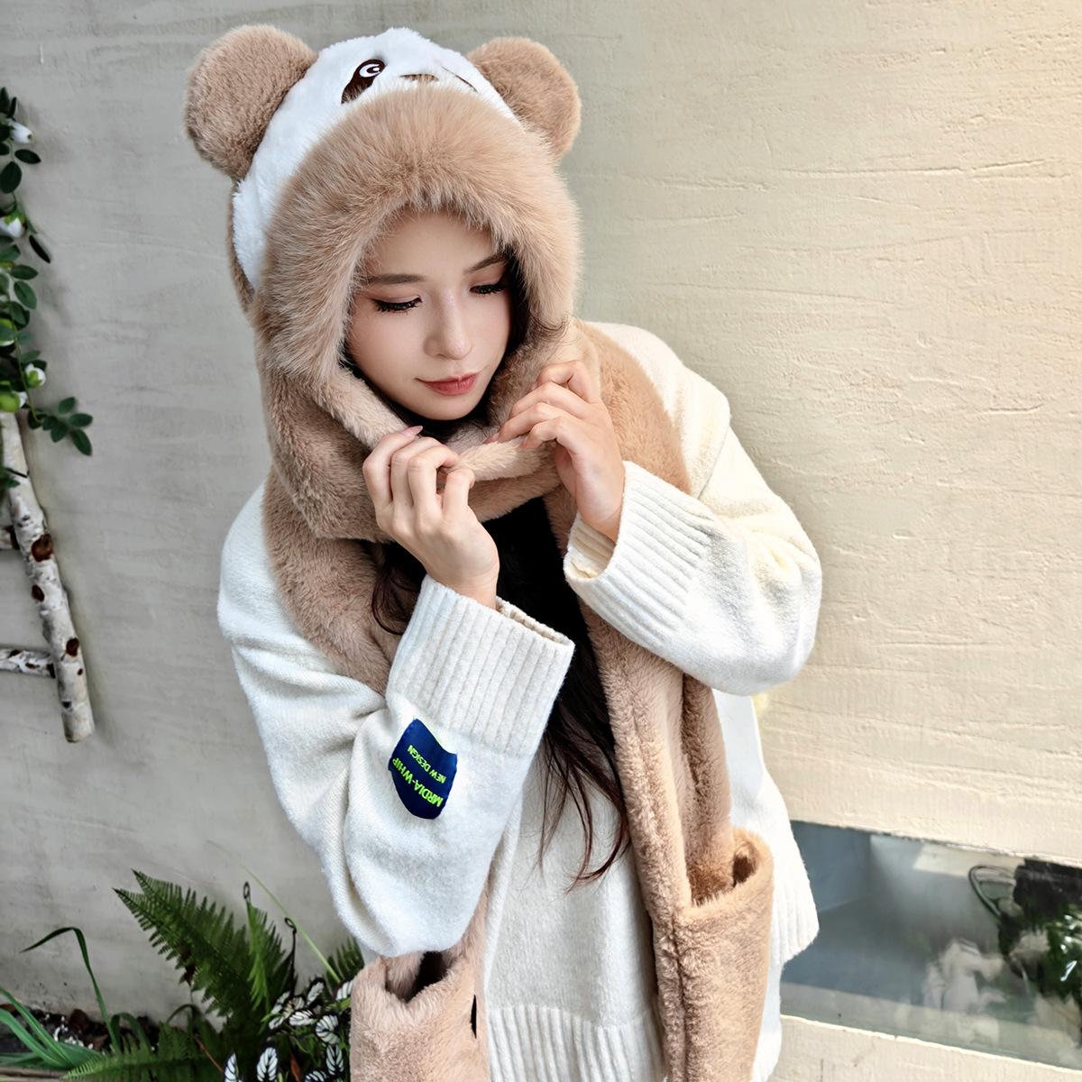 Genuine Cute Panda Winter Three-in-One Hat, Scarf, and Gloves Plush Set