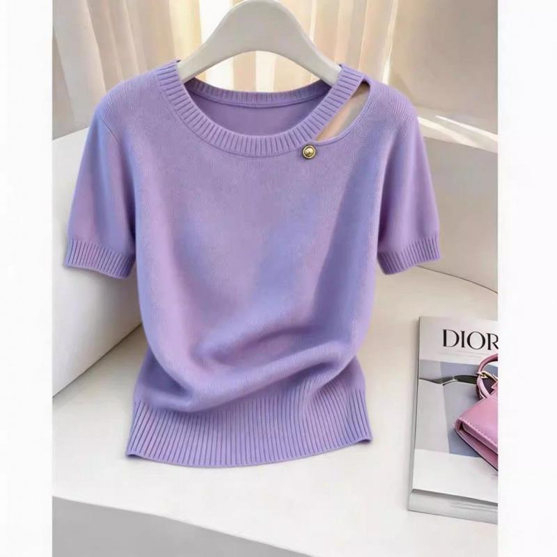 

2026 Summer Plus Size Unique Purple Knit Top - Loose Slimming Short Sleeve for Women XL фіолетовий