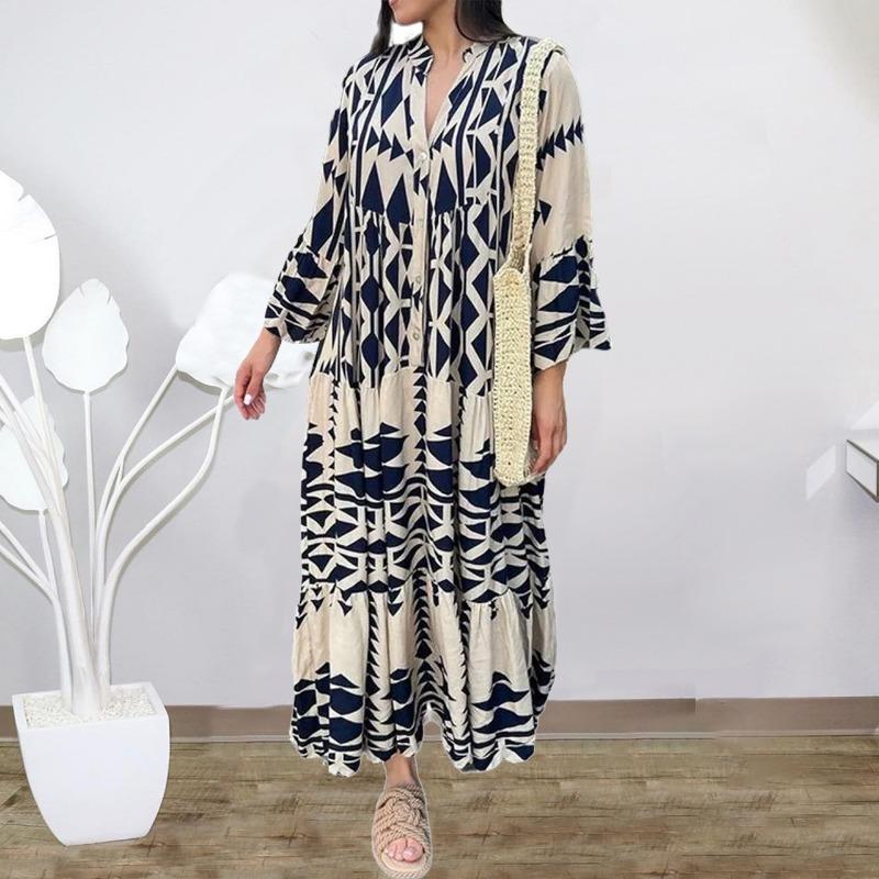 Plus-size V-neck Women's Printed Shirt Long Dress Bohemian Vacation Dress