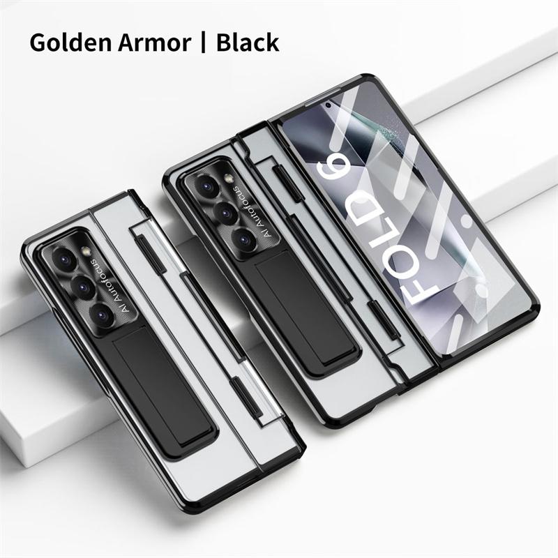 For Samsung Galaxy Z Fold 8 Ultra /7 6 5 4 3 Transparent Plating PC Hinge Protect Full Body Cover Stand Case With Tempered Glass