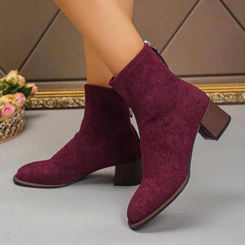 Cow Suede High Heel Square Heel Modern Boots Round Toe Solid Concise Female Shoes On Sale 2025 Brand Winter Zip Women's Boots