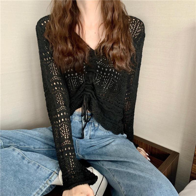 Women's Hollowed Out Thin Top Summer Drawstring V-neck Sun Resistant Long Sleeved Knitted Sweater for Women