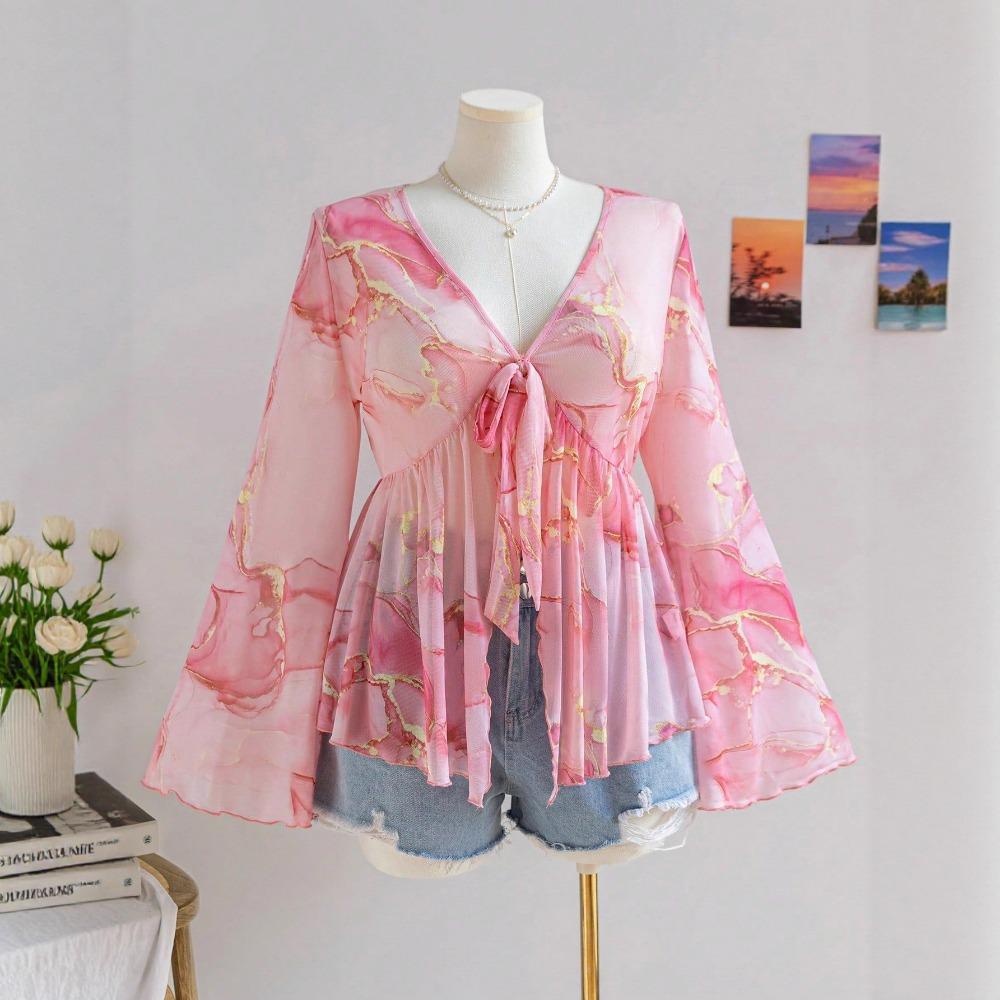 V-hals Trykket Feriestil Dame Bluse med Utsvingede Ermer Løs og Flytende