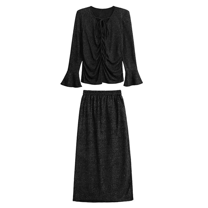 

Xitao Повседневный свободный комплект с эластичной талией, V-образным вырезом и расклешенными рукавами GMM1050 XL чёрный