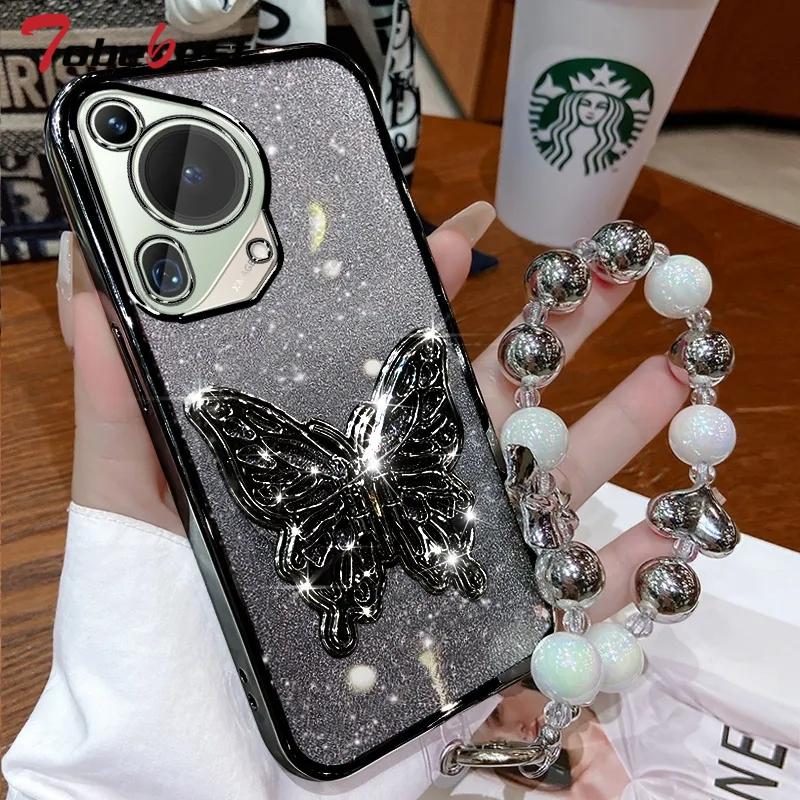 3D Butterfly Phone Holder Bead Bracelet Glitter Plating Case for Huawei Pura 70 Ultra P60 P50 P40 P30 P20 Lite Pro Back Cover