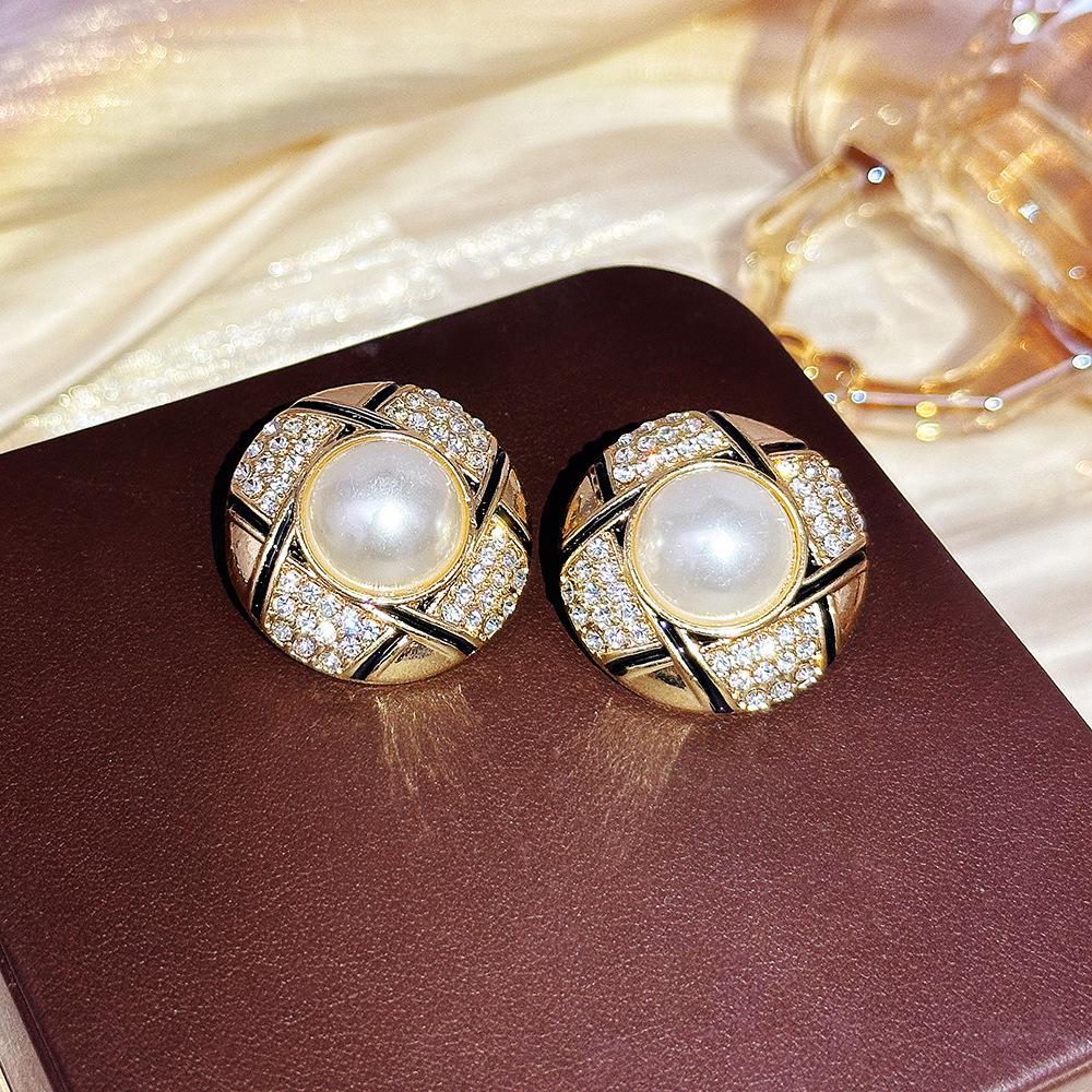 

Винтажные геометрические серьги-пусеты со стразами - Ретро придворный стиль, Нишевый дизайн, Легкая роскошь, Высокий класс