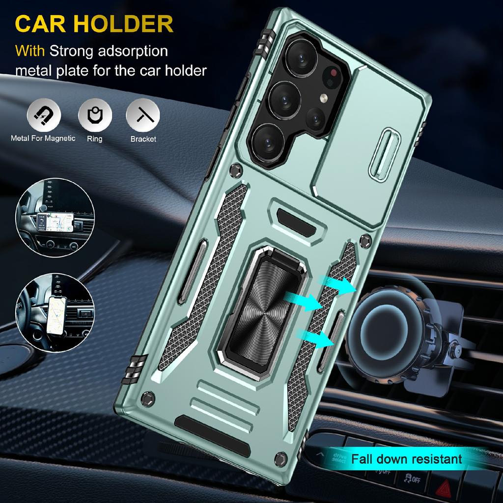 For Samsung Galaxy S25 Ultra Case Kickstand Slide Lens Lid PC+TPU Drop-Proof Phone Cover
