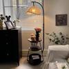 American Retro Floor Lamp with Charging Shelf and Fabric Shade