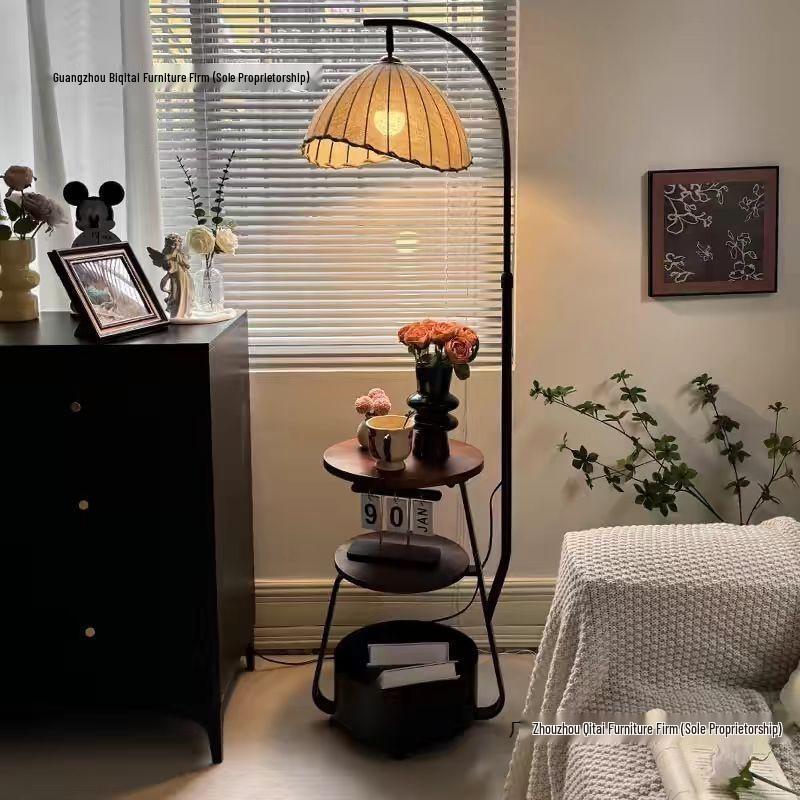 American Retro Floor Lamp with Charging Shelf and Fabric Shade