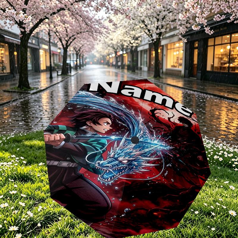 Custom Name Personalized Demon Slayer Print Umbrella, Auto Open Close, 8‑Rib Sturdy Frame, Commute Camping Hiking Use, Birthday Gift