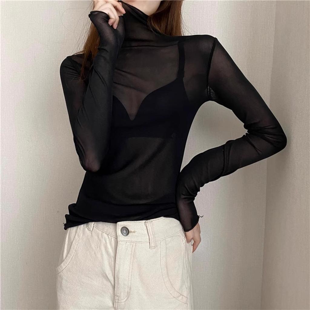 Black Fungus Edge High Neck Lace Base Shirt For Women, With Long Sleeves For The Inner ,  Winter Fashion, Layered Chiffon And Mesh Top