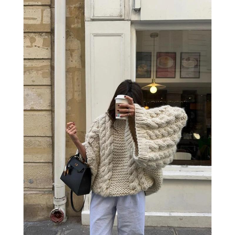 Vintage Knitted Women Pullover O-neck Full Sleeves Twist Female Sweater 2024 Autumn Winter Casual Oversize Solid Lady Sweaters