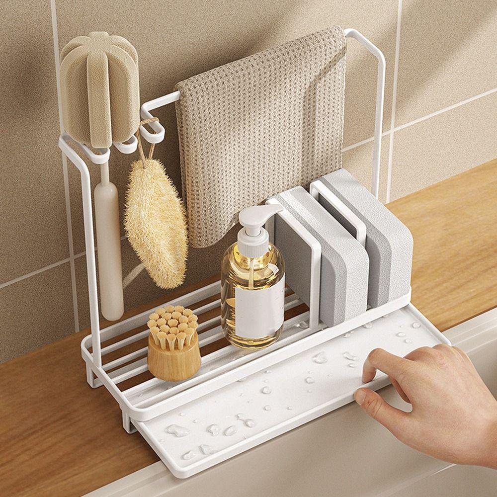 Carbon Steel Sink Sponge Rack Black/White Brush Rag Storage Shelf Soap Sponge Holder  Bathroom