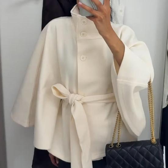 Women's Batwing Sleeve Wool Poncho Coat Stand Collar Cropped Cape Jacket with Belt Fall Winter Short Trench Pea Coat