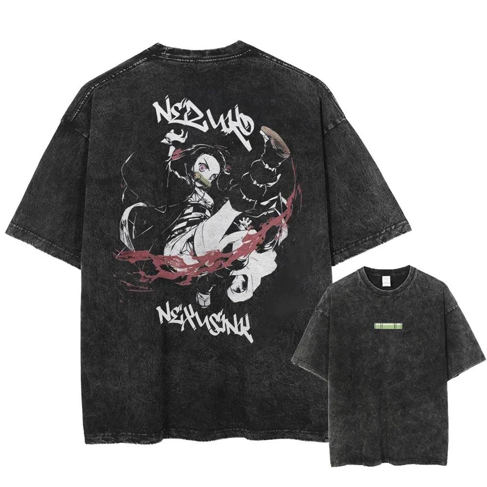 Demon Slayer TShirt Oversized Anime Vintage Washed Tee Cotton S3XL Unisex