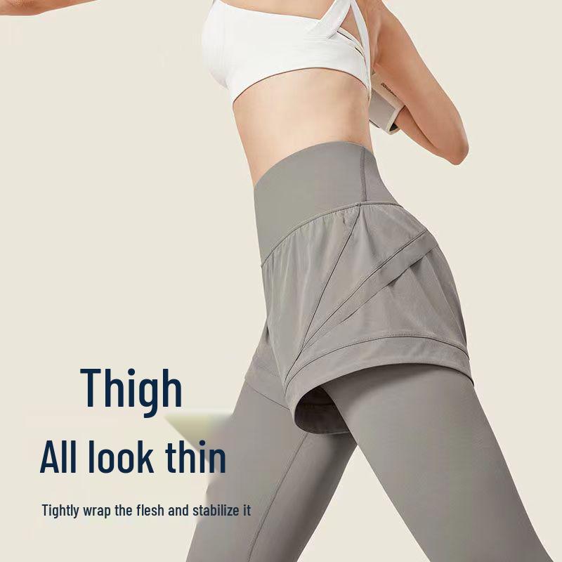 Damen High-Waist Schnelltrocknende Yoga Fitnesshose, Herbst-Winter, Fake Two-Piece Design