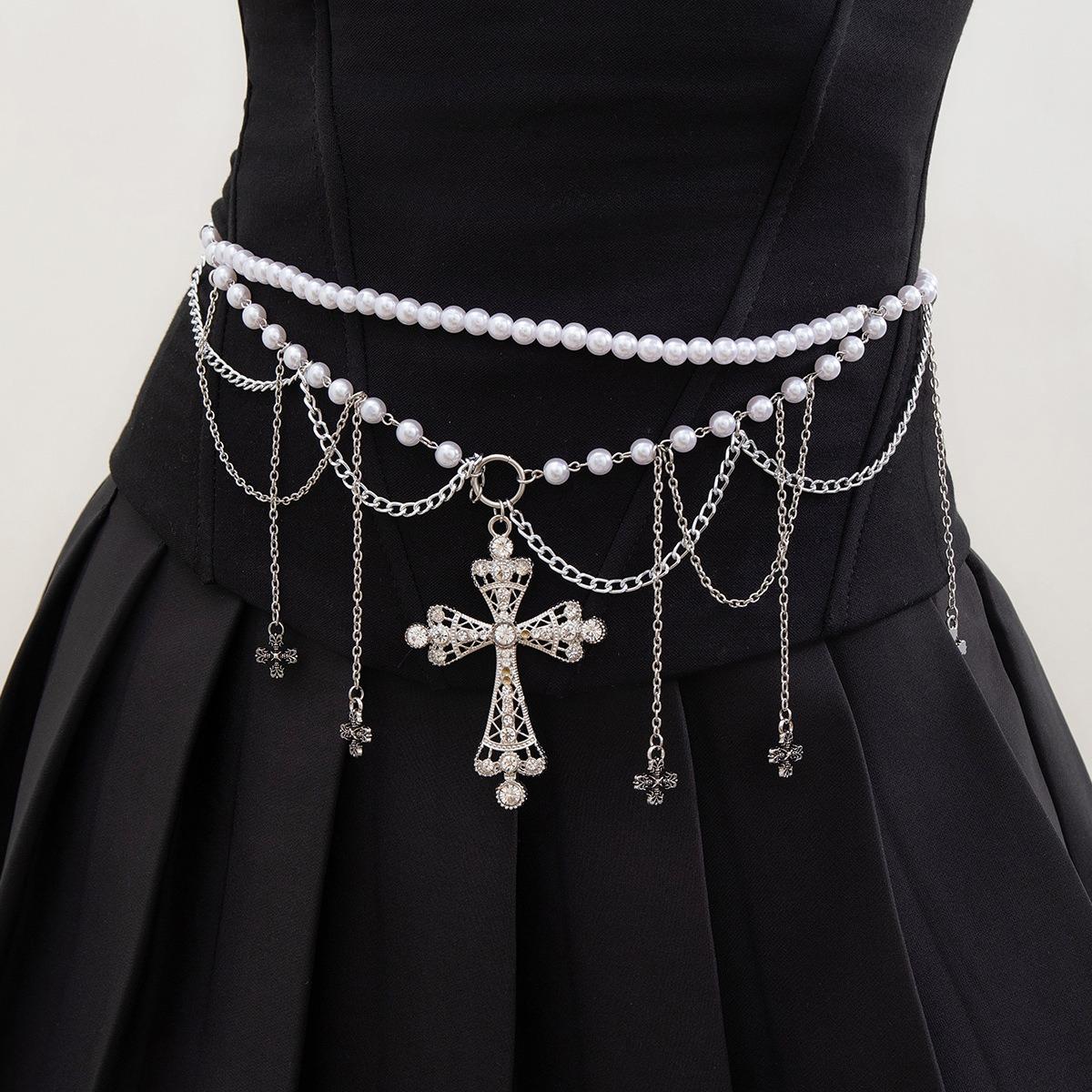 

2025 Gothic Imitation Pearl Cross Tassel Charm Belly Waist Chain for Women Beaded Beach Bikini Body Chain Sexy Jewelry Party