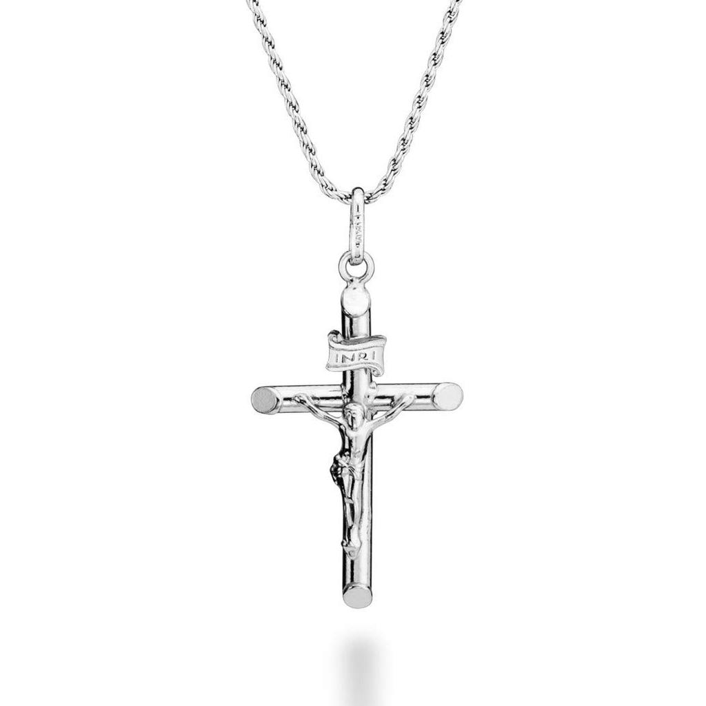 Miabella Rhodium Plated 925 Sterling Silver Small or Large Crucifix Necklace for Men and Cross Pendant with Rope Made in Sterling No Gemstones Women,