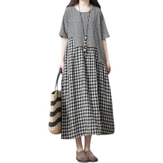 Ladies Summer Linen Loose Fit Body Covering Resort Dress Floral Pattern Cotton Short Sleeve Checkered Cute VG09