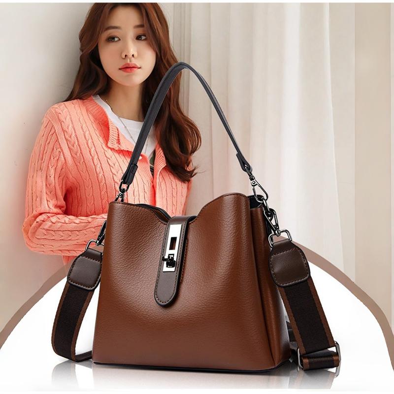 Luxury Leather Shoulder Bag Buckle Design Women Bucket Bag Multicompartment Commuter Briefcase Wide Shoulder Strap Crossbody Bag