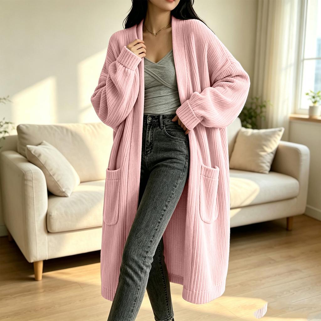 Women's casual corduroy long-sleeved long coat