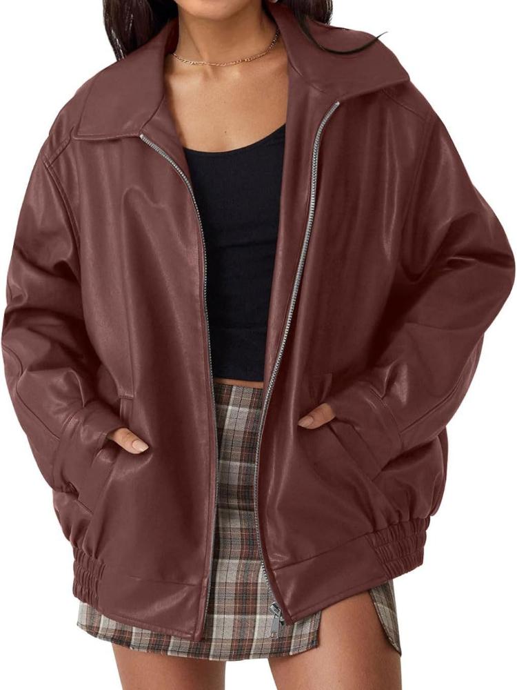 Women's Oversized Motorcycle Leather Jacket Autumn and Winter Fashionable Loose Long Sleeved Motorcycle Jacket