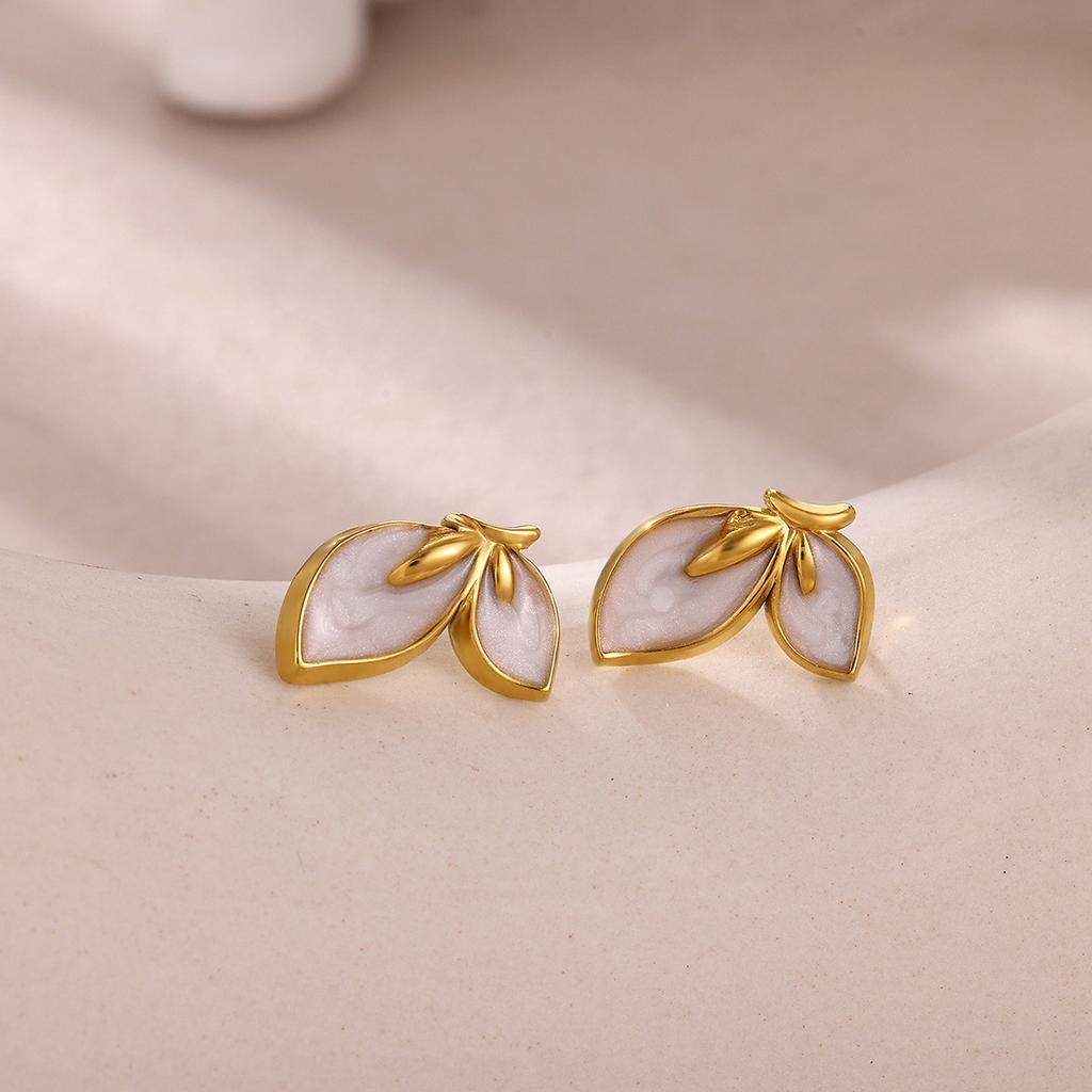 DIEYURO 316L Stainless Steel White Drip Oil Simple Flower Leaf Earrings Lady Waterproof Fashion Ear Studs Jewelry Glamorous