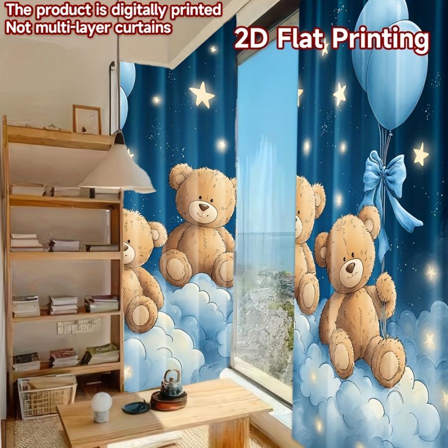 2PCS Digital Printed Curtains, Blue Dream Bear Cub Pattern, Beautiful Window Drapes for Living Room Bedroom Home Decor