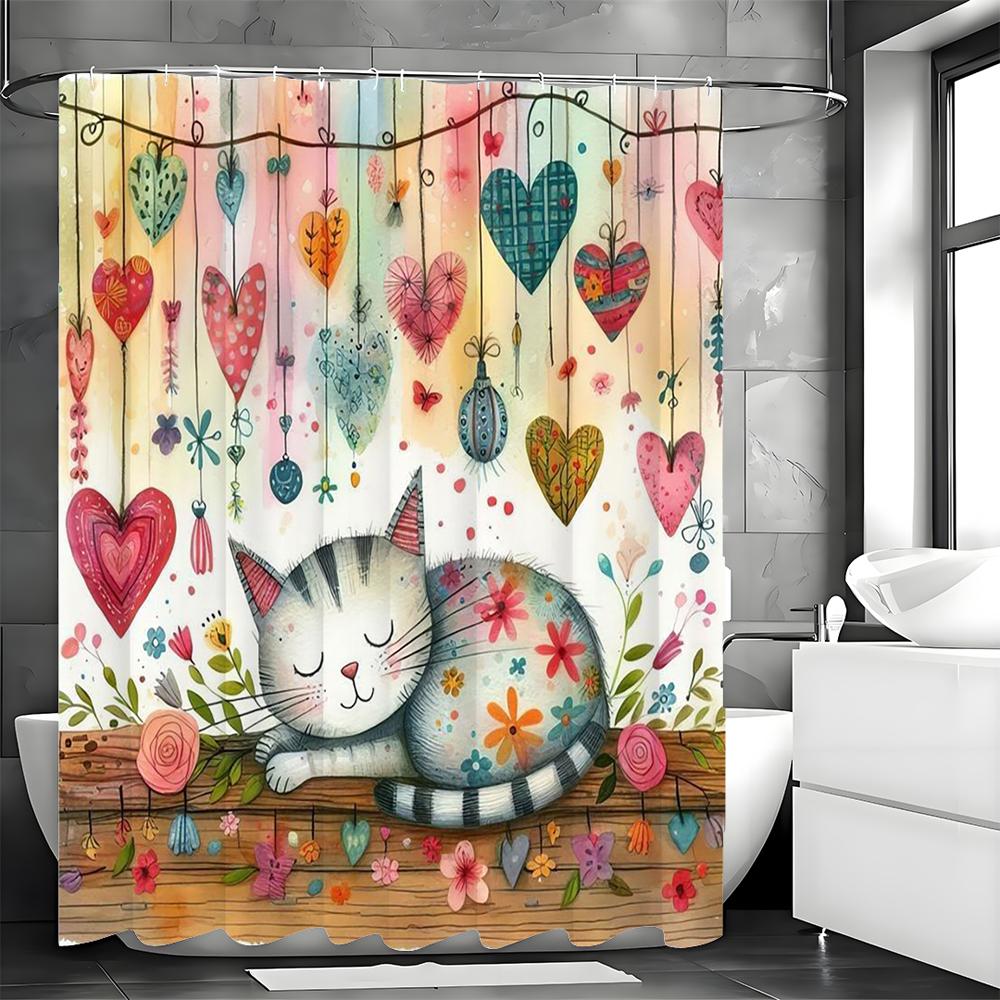 Cute Cartoon Cat Love Flower and Grass Shower Curtain, Bathroom Decorative Shower Curtain, Waterproof Shower Curtain with Hooks