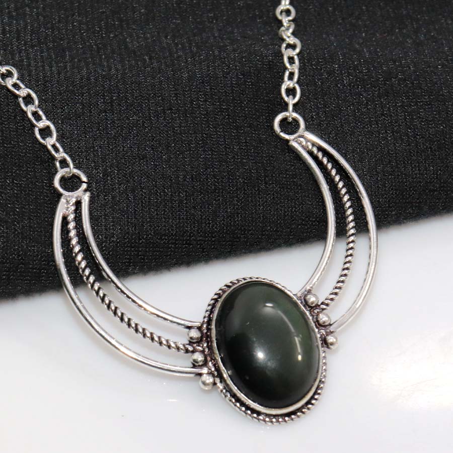 Outstanding Black Obsidian 925 Silver Plated Necklace 18" Most Beautiful e2n91